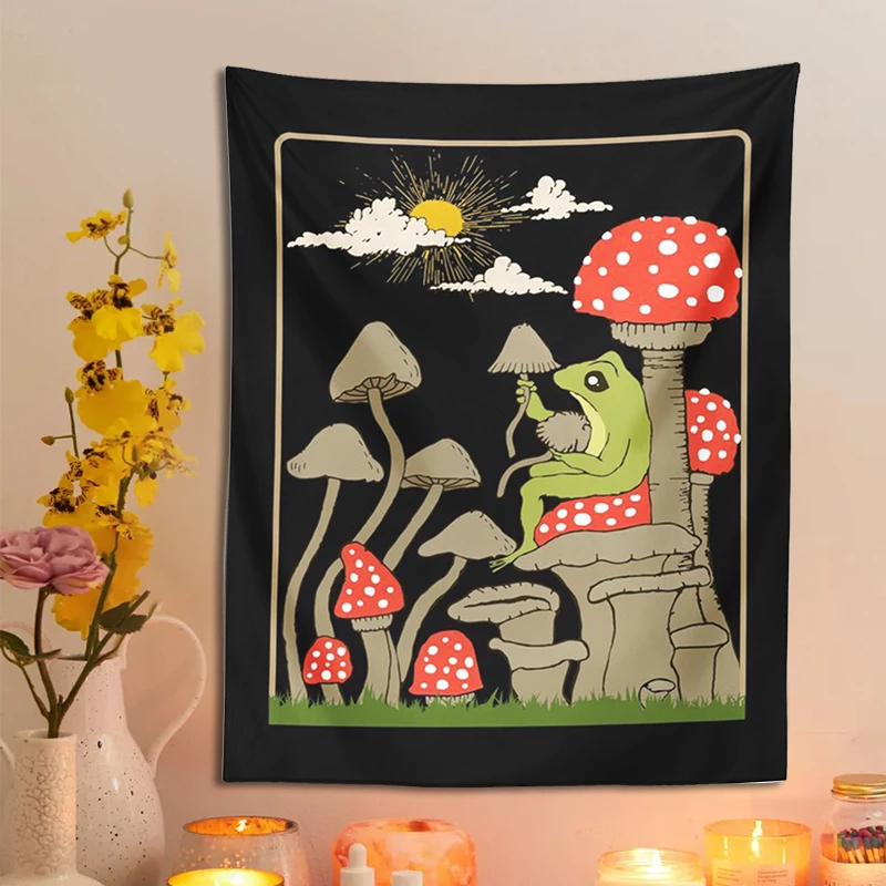 

Cute Cartoon Frog Tapestry Wall Hanging Frog Mushroom Retro Sunshine Trippy Aesthetic Room Decor Bedroom Hippie Wall Art