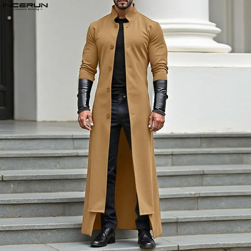 

INCERUN Men Long Style Coats Patchwork Trench Stand Collar Long Sleeve Button Male Windbreaker Streetwear Fashion Casual Coat