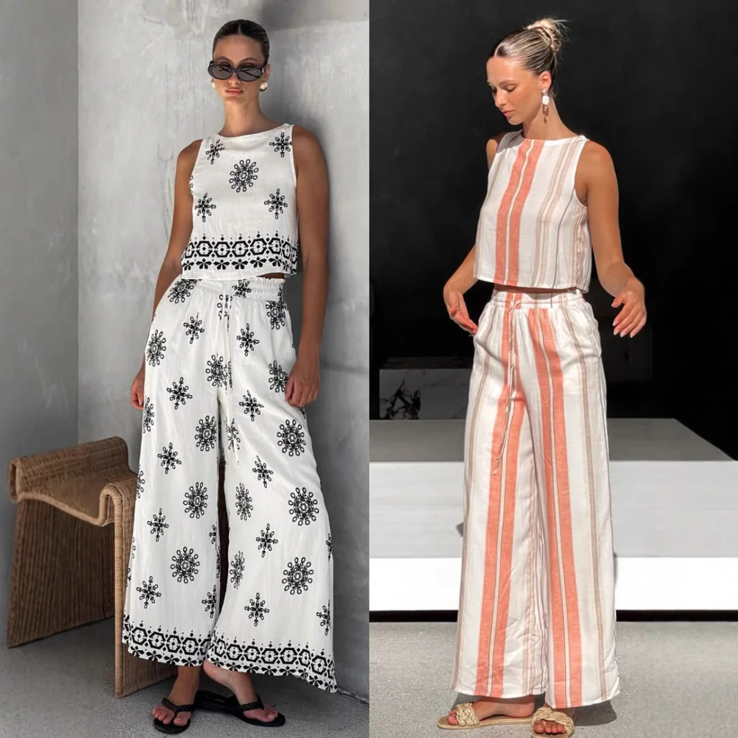 

2025 Европейская и американская мода, женский повседневный топ без рукавов с принтом, широкие брюки, комплект для женщин