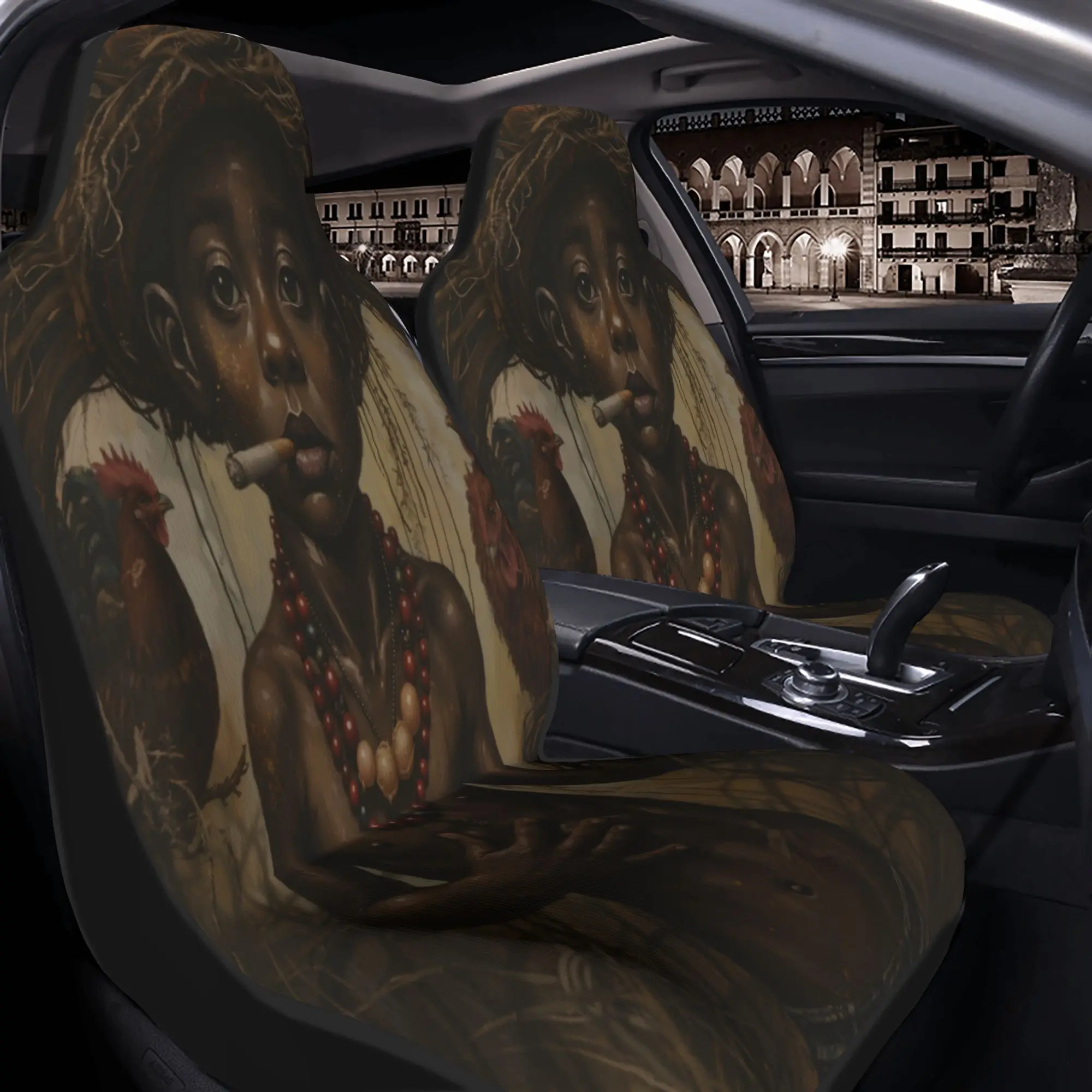 2pcs A Young Boy With A Straw Hat, Beaded Necklace, And Chickens In A Rustic, Earthy SettingCar Seat Covers, Suitable For All Ve