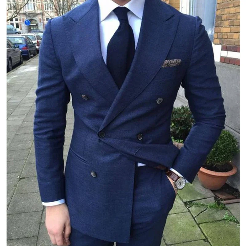 Double Breasted Suits for Men Slim Fit Formal Peak Lapel Business Jacket with Pants 2 Pcs Italian Style Fashion Wedding Tuxedo