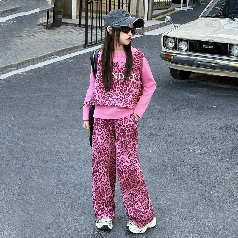 Kids Spring Clothing Set for Girls Leopard Print Vest + Pants + Long Sleeve Shirt 3PCS Suits Casual Children Clothes Tracksuit