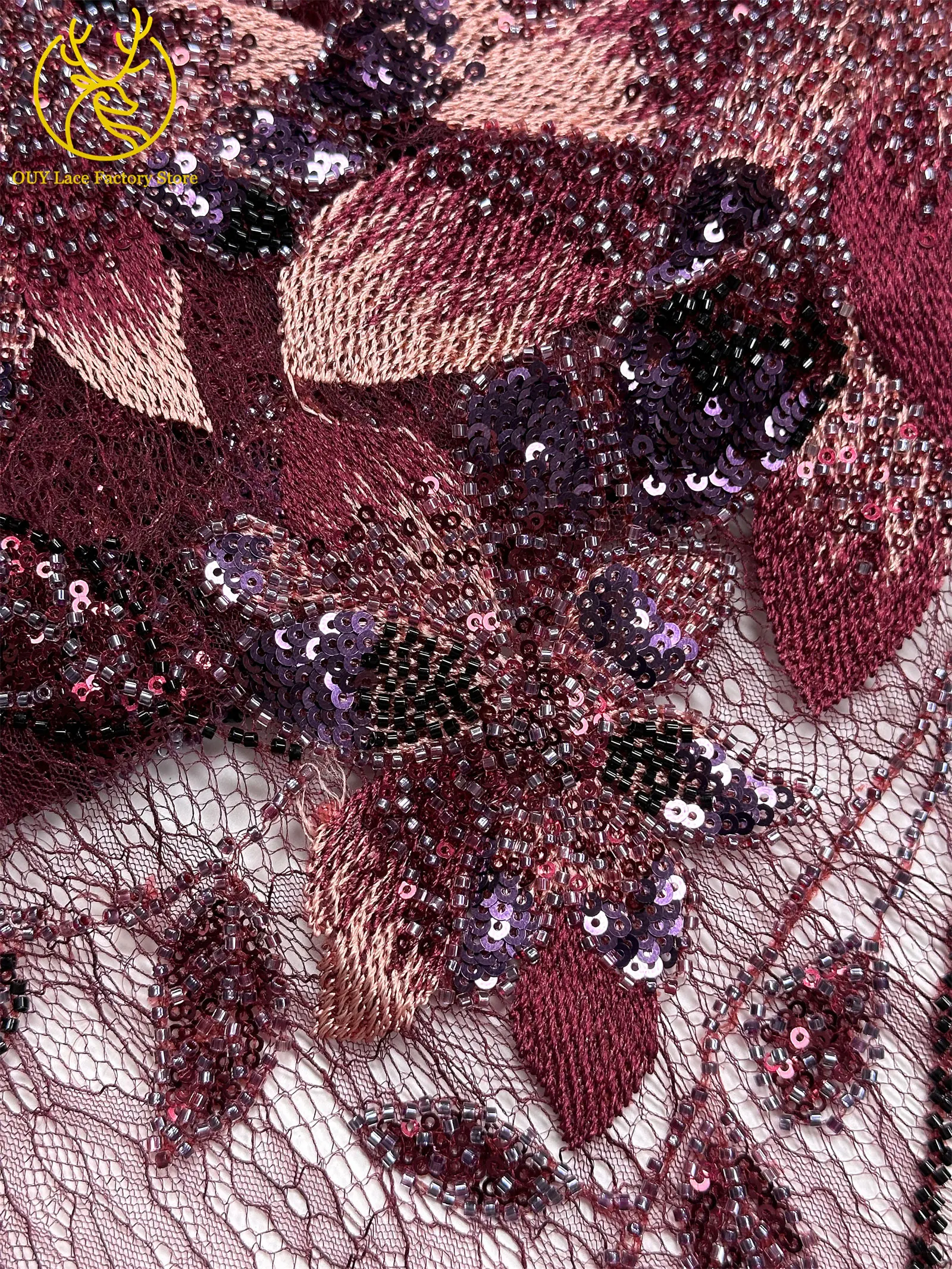 3D-Stickerei-Blattapplikation mit Pailletten, Röhrenperlen und Spitze, hochwertiger französischer Tüllspitzenstoff für Hochzeitskleider, Brautkleider und Partykleider zum Nähen. – Detail 17