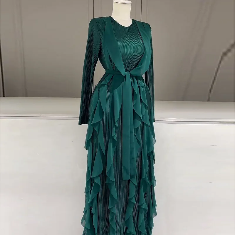 Ruffles Pleated Maxi Dress For Women Round Neck Long Sleeves High Waist Satin Dresses Lace-up Fashion Party New Clothing