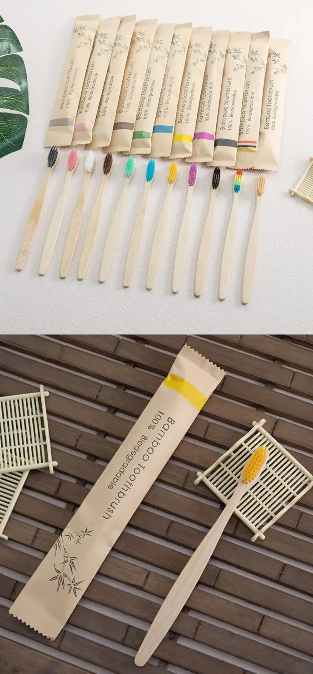 10 Stück Natürliche Bambus-Zahnbürsten mit Rindsleder-Ummantelung, Umweltfreundliche Mundpflege-Tabletten - Einweg-Zahnbürsten mit Weichen Borsten – Detail 10