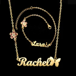 Acheerup Personalized Name Necklace Bracelet for Women Stainless Steel Custom Zircon Flower Crown Chain Pendant Jewelry Set Gift