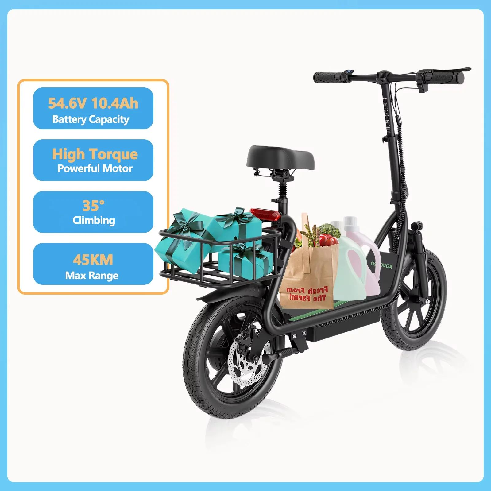 JUICEASE ES1PLUS elektrische scooter met zitje voor volwassenen, 54,6V 22,5Ah, elektrische fiets met een actieradius van 100 km, 14 inch banden, elektrische fiets met app, grote opbergbox, dubbele
