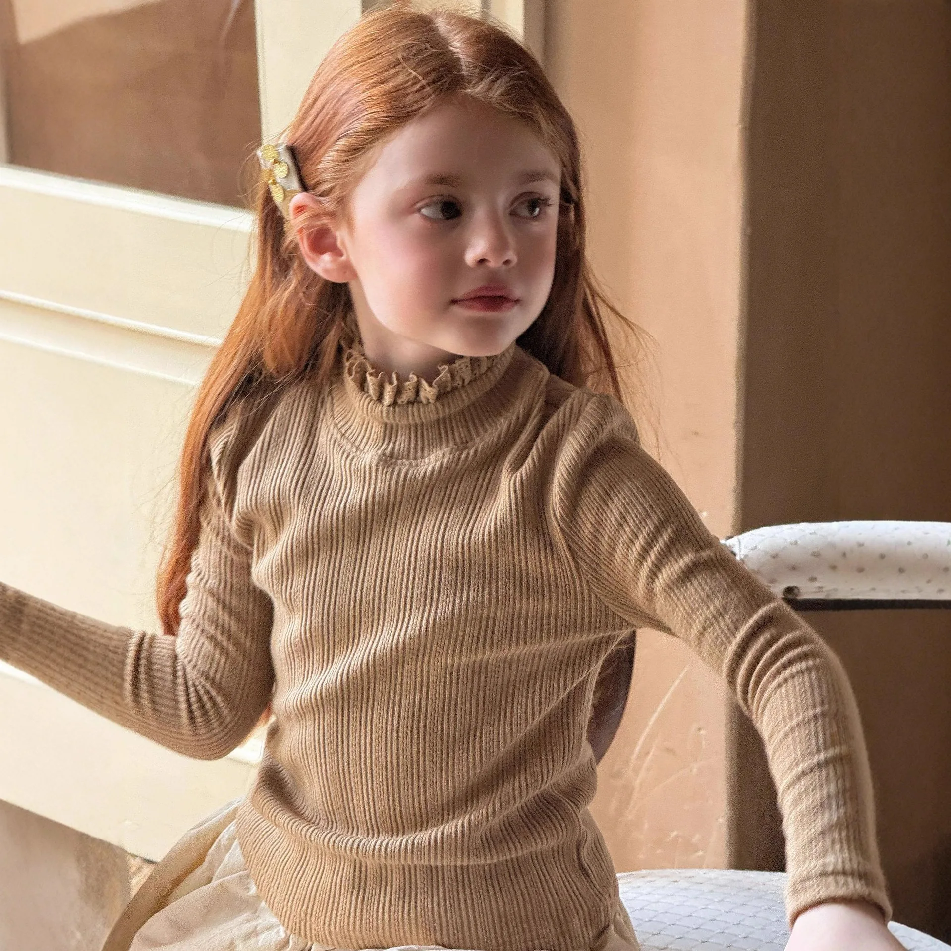 

2025 Winter New Children Clothing Korean Girls Lace Knitted Bottom Shirt Children Jacquard Knitted Inner Top