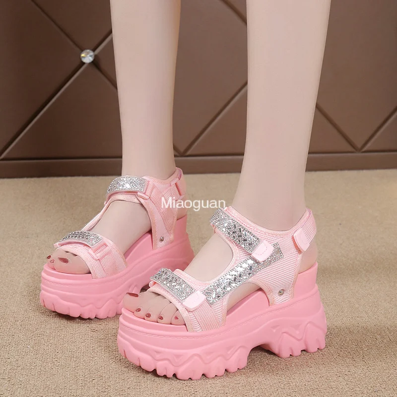 2023 Summer Women\'s Sandals Fashion Open Toe Non-slip Rhinestone Wedge Shoes Walking Outdoor Beach Casual Shoes Platform Sandals