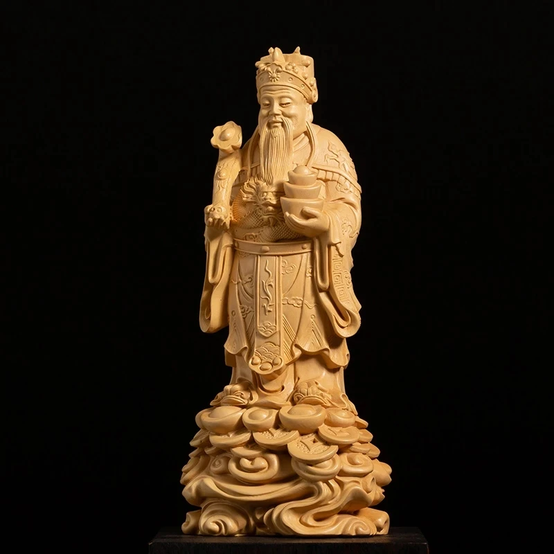 

God of Wealth is Coming 20CM Chinese Boxwood Solid Wood Feng Shui Sculpture Home Decoration Collection