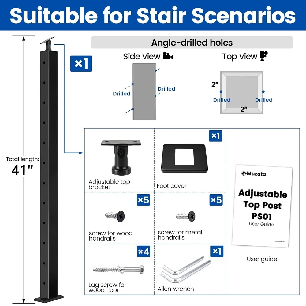 Black Stair Cable Railing Post 42 Inch Stainless Steel T304 Outdoor Indoor Staircase Structural Kit Weather Resistant
