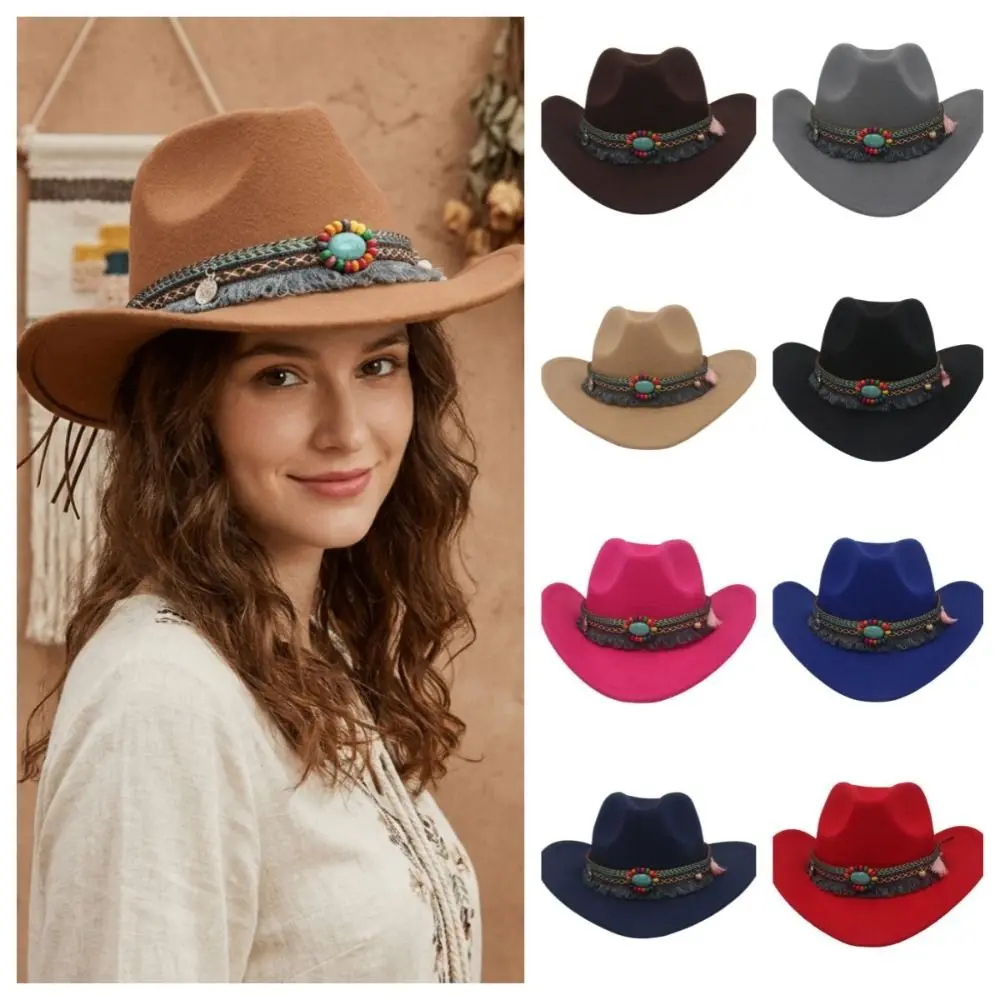 Vintage Woolen Western Cowboy Hat Solid Color with Tassels Cowgirl Jazz Hat Colorful Big-edge Party Cosplay Hat Cycling Caps