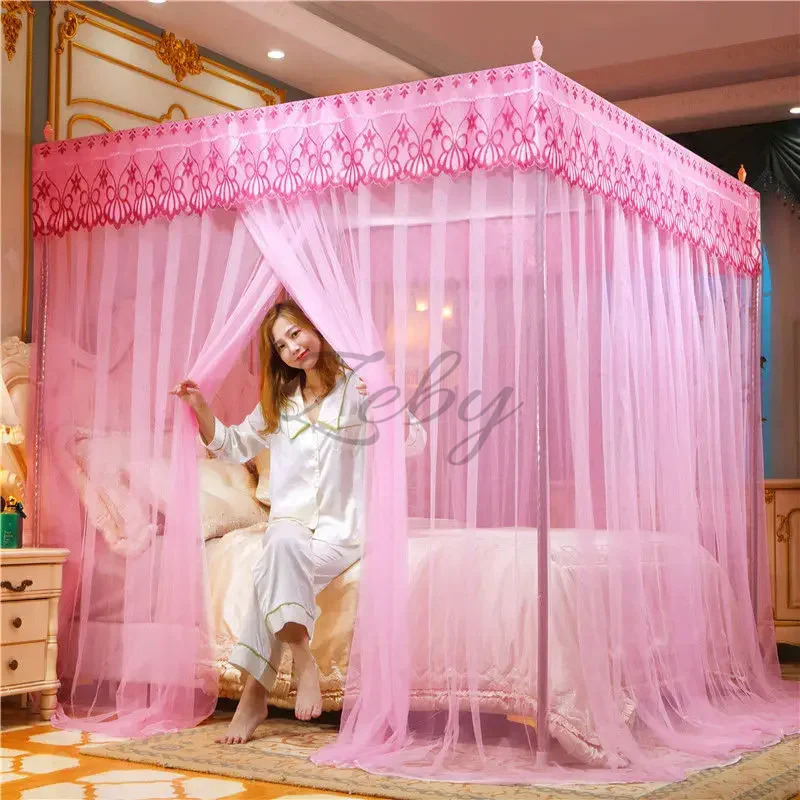 Romantic Lace Pleated Mosquito Net Embroidery Breathable Square Queen Double Bed Net Canopy Not Included Stainless Steel Bracket