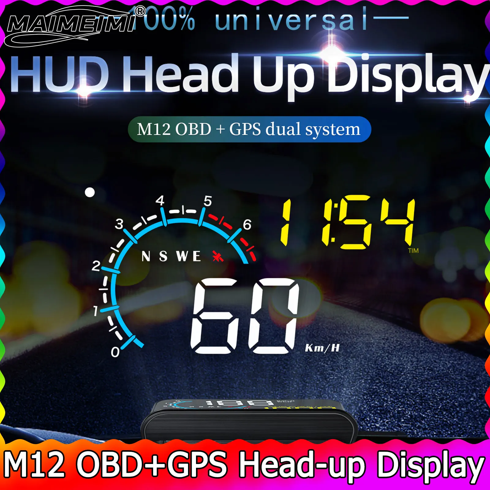 

M12 HUD Windshield Projector OBD+GPS Universal Head Up Display Car Speedometer Water temp RPM Voltage Security Automatic Alarm