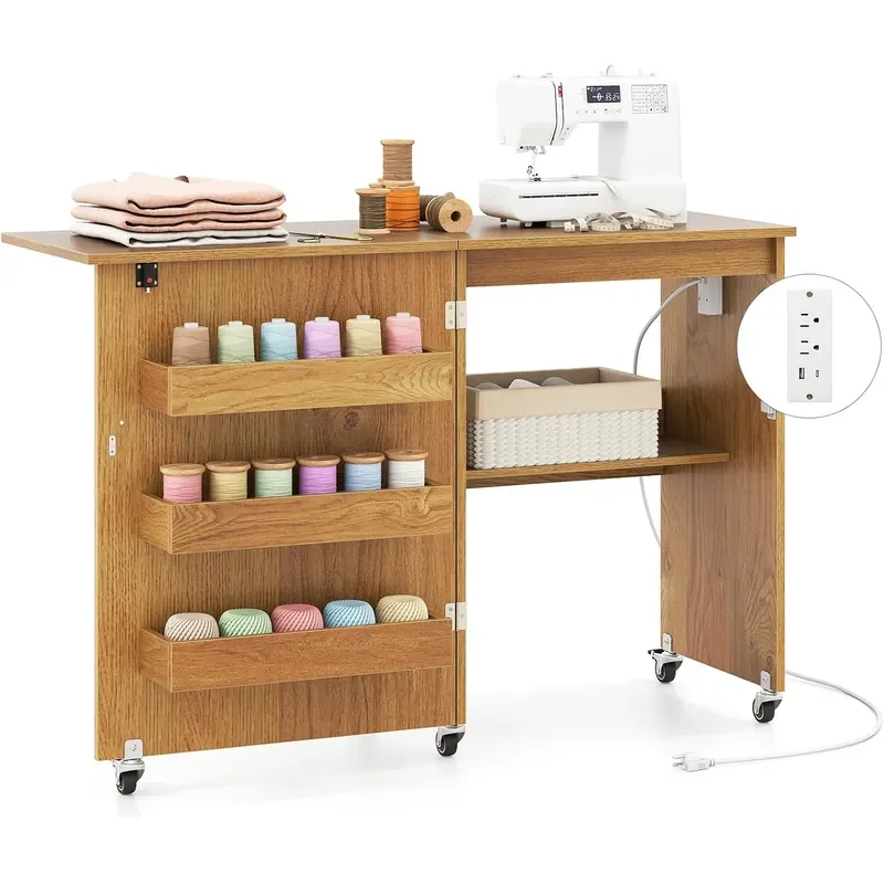Folding Sewing Table Multipurpose Craft Table with Charging Station Lockable Casters Rack and Storage Shelves Space Saving
