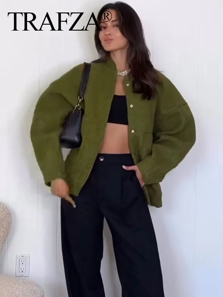 

TRAFZA Women Solid Coat Long Sleeve Autumn Pocket Bomber Jacket Oversize Loose Streetwear Coats Button Casual Woman Outerwear