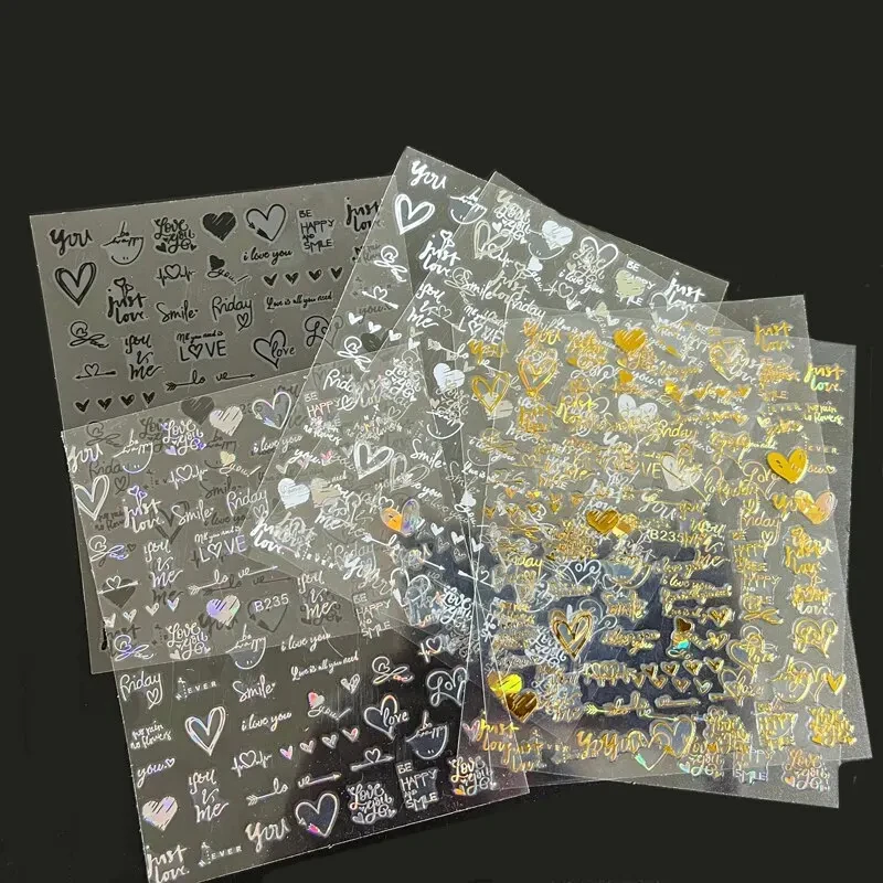 6Pcs/Pack Laser Gold Silver 3D Nail Art Stickers Love Heart Letter Image Nail Decoration Ins Style Sticker DIY Foils Akcesoria