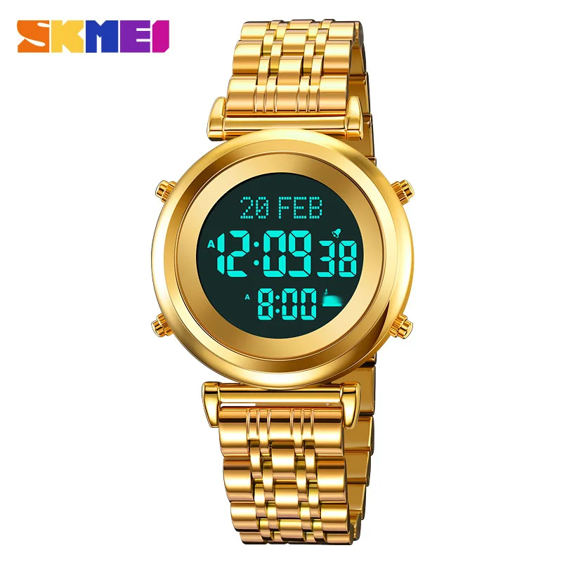 SkmeiMen's Watch Relógio Eletrônico redondo Cinto de Aço Oriente Médio Adoração Oração Relógio Eletrônico