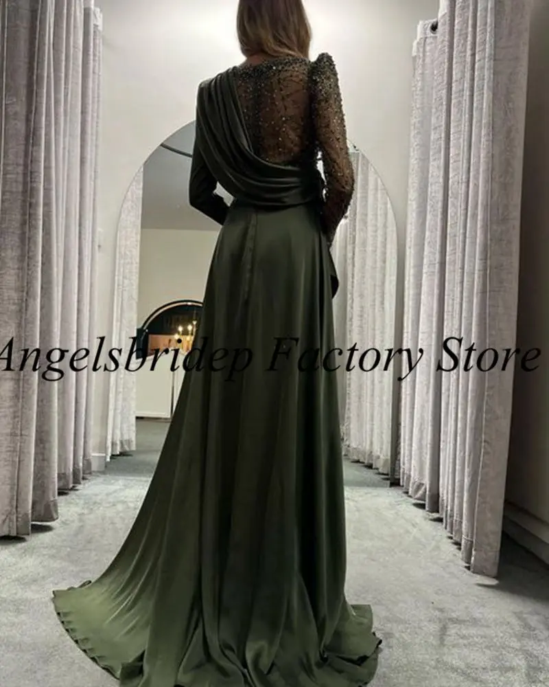 Angelsbridep Green Mermaid Prom Dresses Long Sleeves Beaded Saudi Arabia Elegant Dress Women For Wedding Party Evenign Gowns