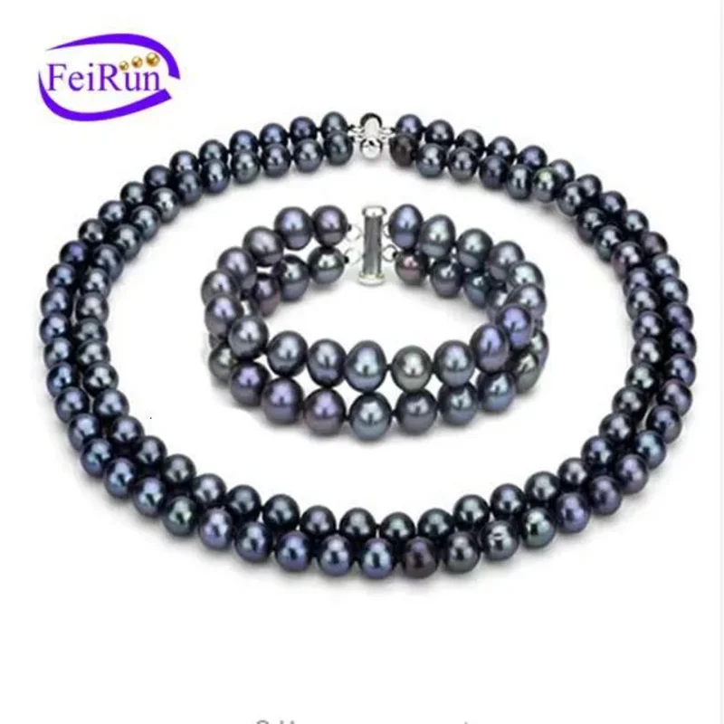 

FEIRUN 8mm AA Potato 2rows Fresh Water Bridal Set, Natural Pearl Set Price