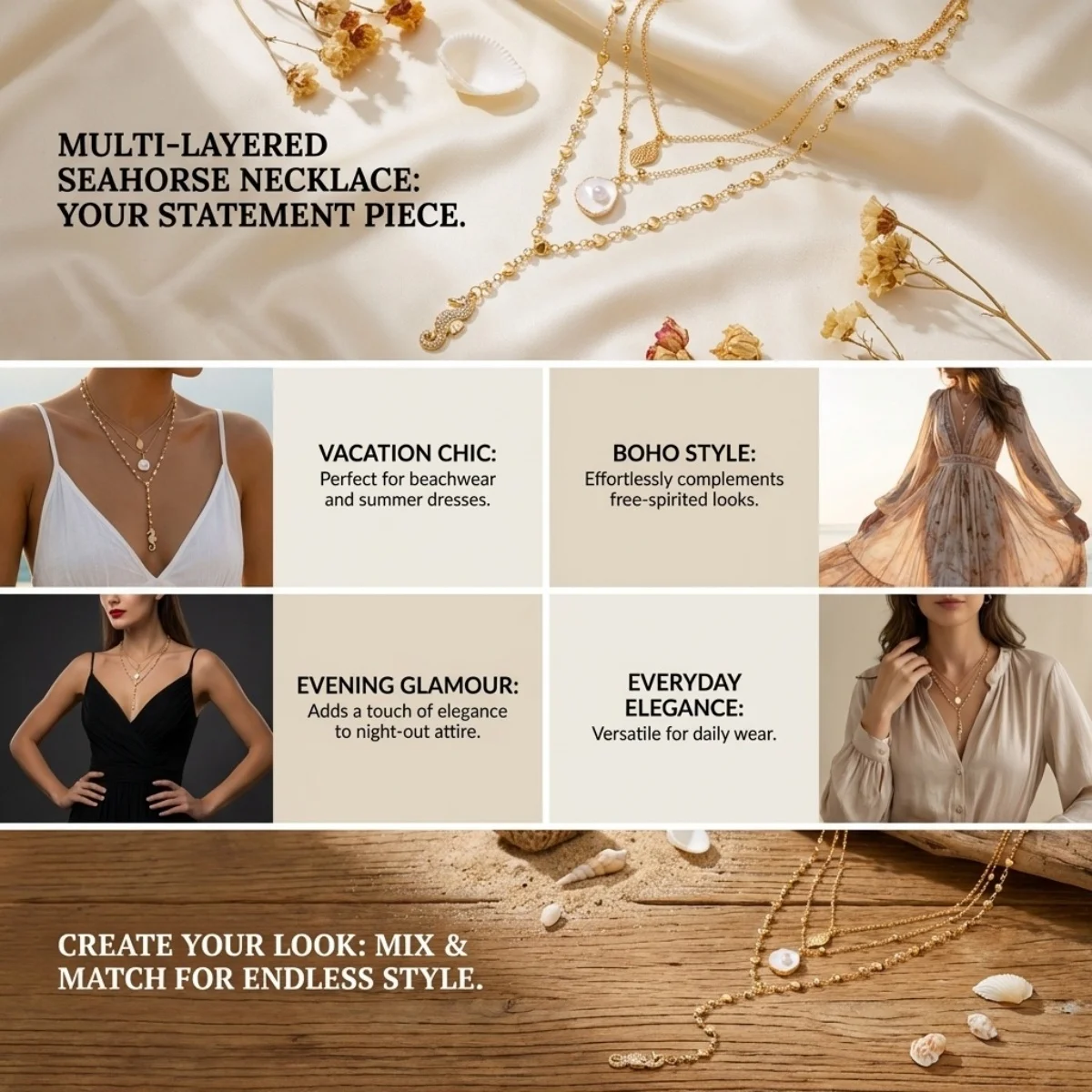 Seepferdchen-Muschel-Anhänger Y-förmige Halskette für Damen und Herren, mehrlagige Ozean-Strand-Meerestier-Kette, Choker, Sommerparty-Schmuck – Detail 3