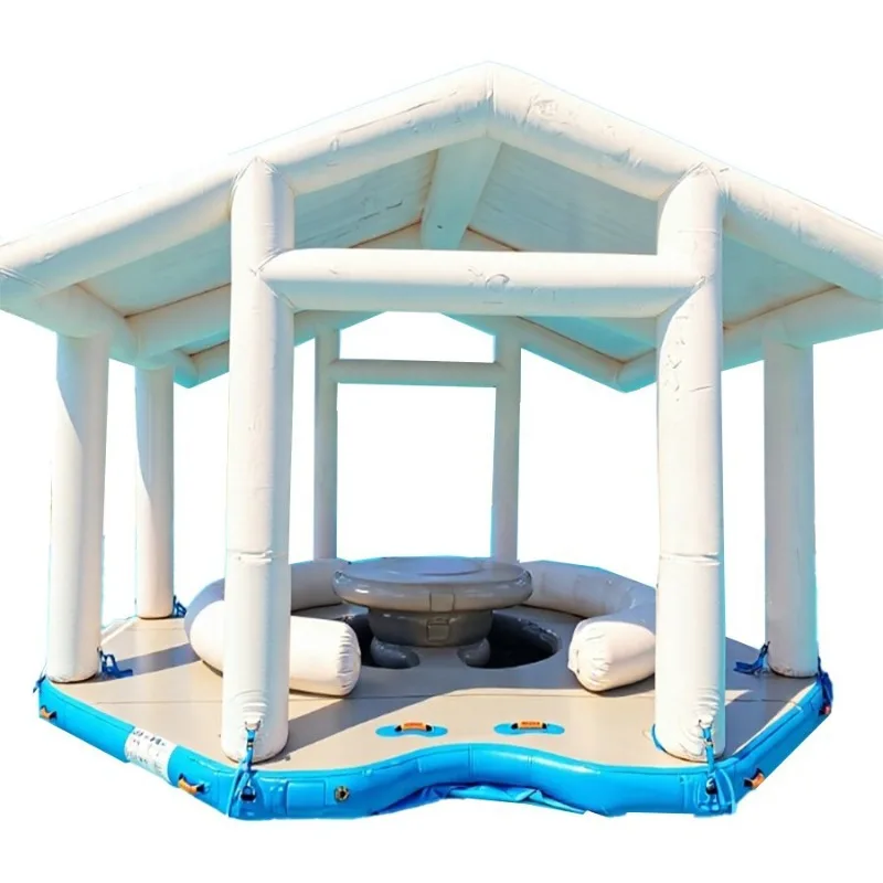Inflatable water floating island, outdoor swimming pool floating table, large sunscreen leisure bar