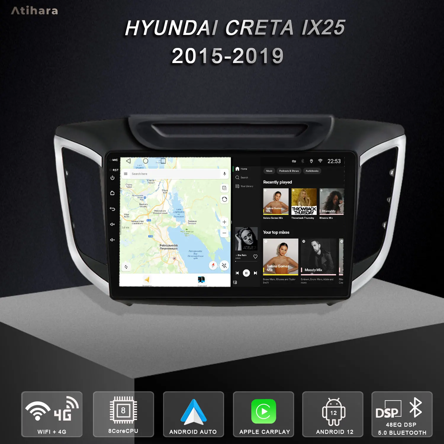 

Atihara 10.1" Android Car Radio For Hyundai Creta IX25 2015-2019 Carplay Android Auto, 2Din Multimedia Player 4G Wifi Bluetooth