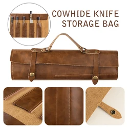 New Two-layer Cowhide Chef Knife Bag Portable Handle Waterproof Leather Knife Storage Roll Bag Kitchen Camping Knife Carry Case