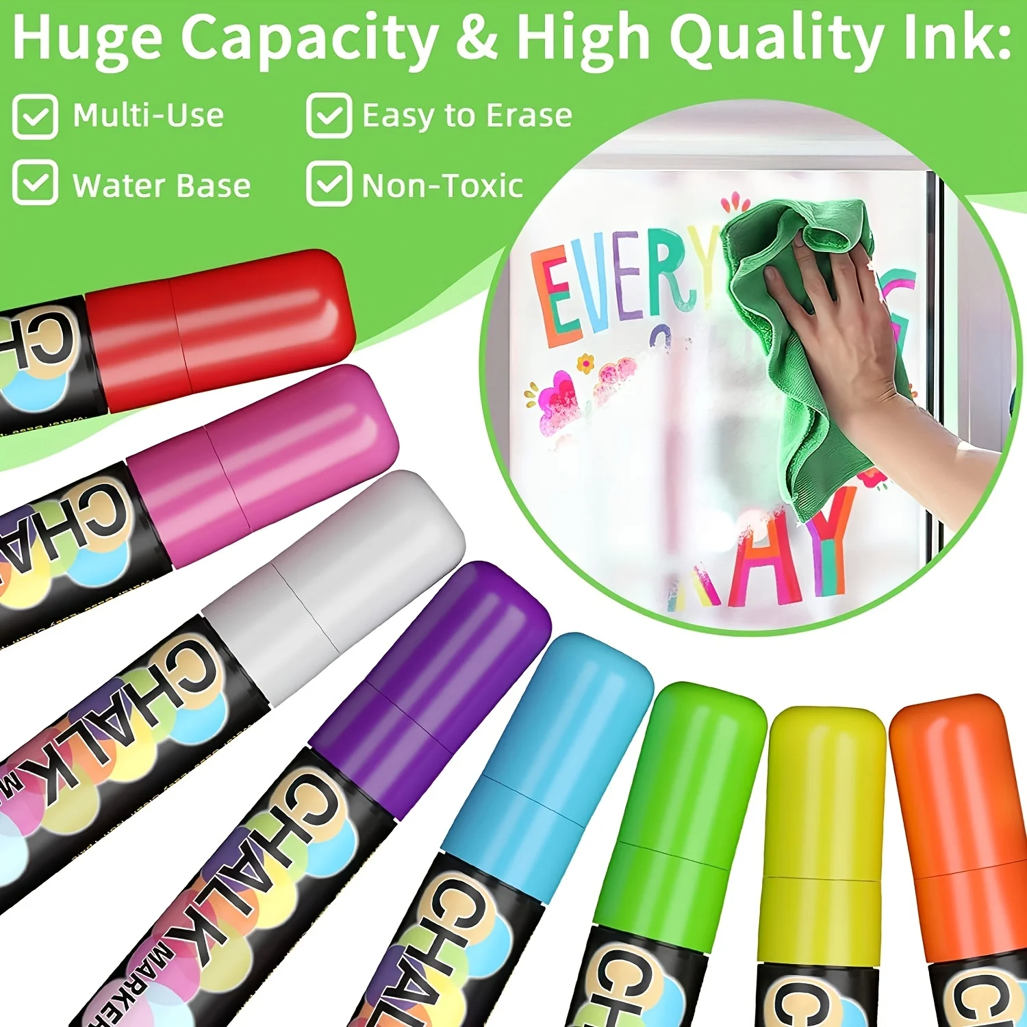 8 Colors Washable Jumbo Chalk Window Markers for Car, 15mm Jumbo Liquid Chalk Markers, Washable & Wet Erase Chalk