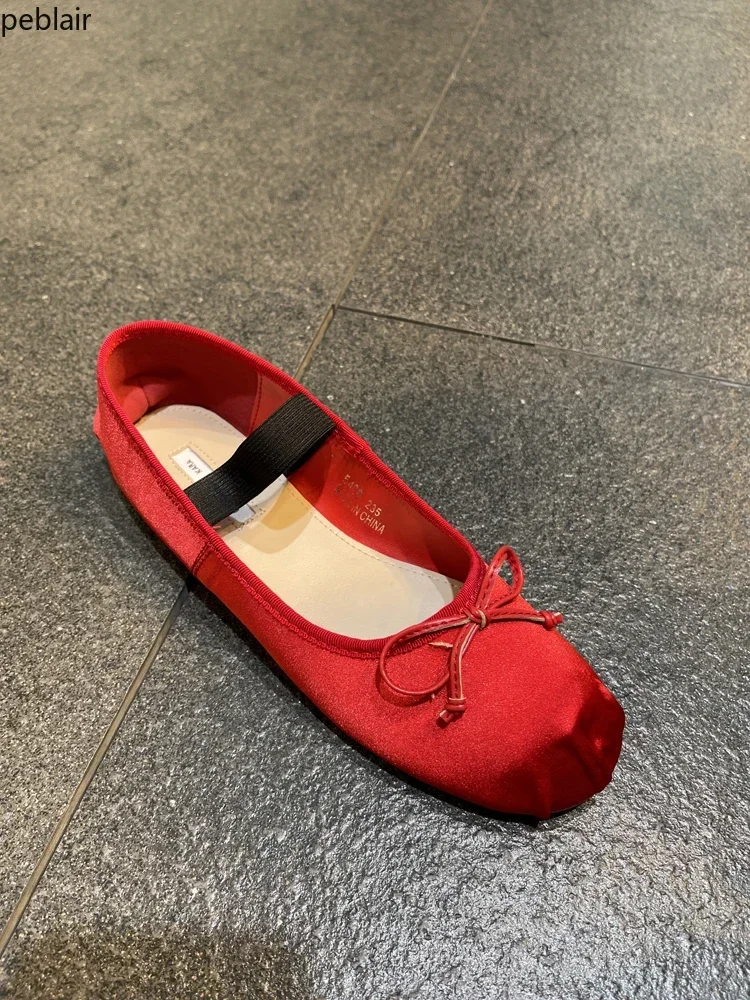 Spring 2025 Cozy Flat Satin Ballet Flats Round Toe Shallow Mouth Retro Mary Jane Shoes