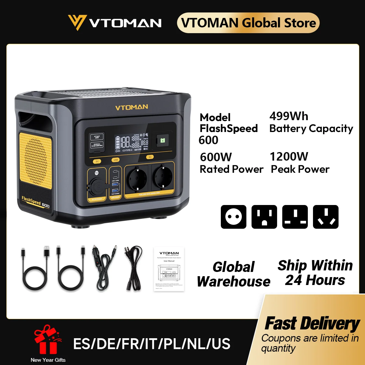 VTOMAN FlashSpeed 600 tragbare Stromstation, 499 Wh LiFePO4-Batterie, 600 W Wechselstromausgang, Netzstabilisator als Notstromversorgung, Solar-Generator für Camping, Wohnmobil und Notfallstrom bei