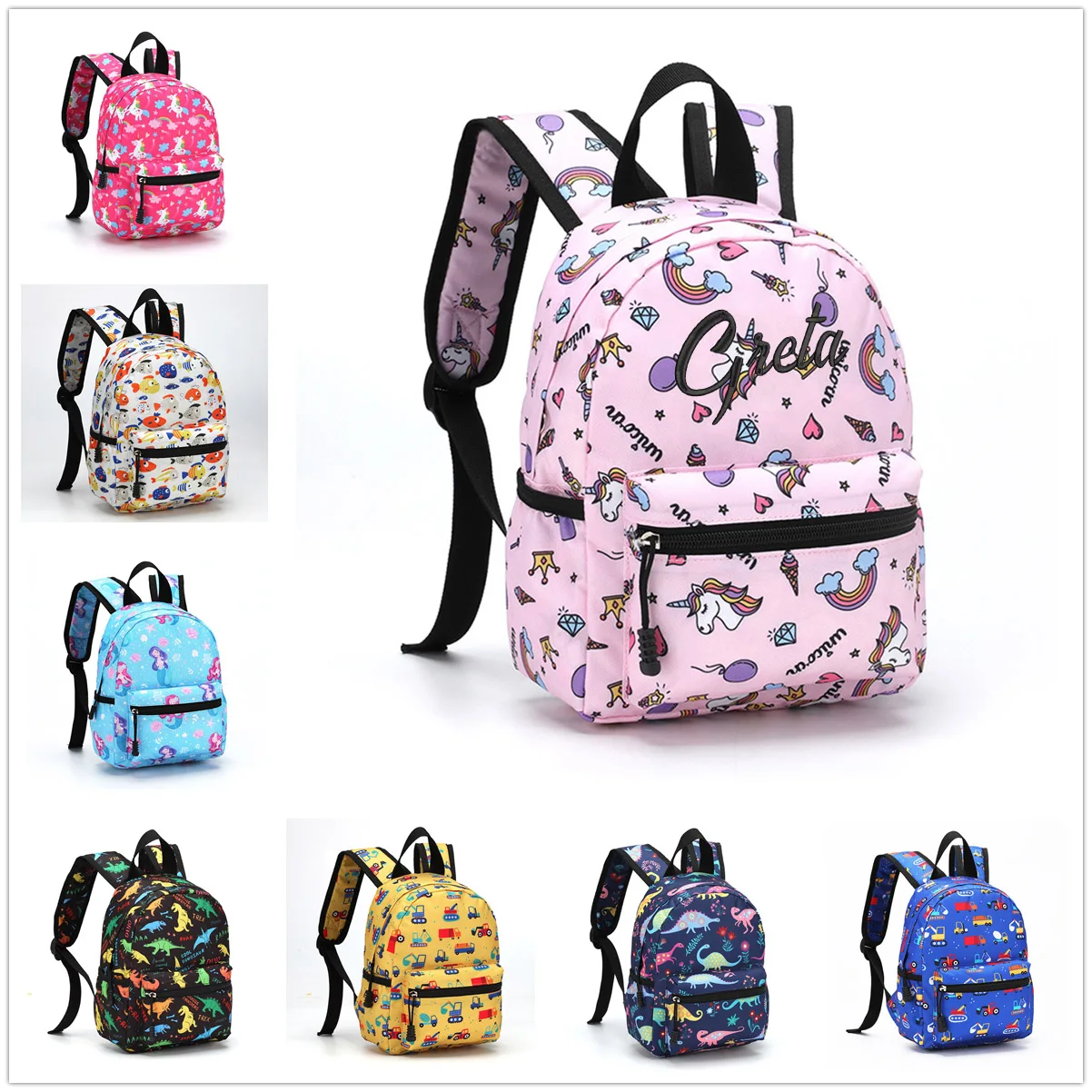 

Personalized Embroidery Girls Cartoon Print Functional Backpack Custom Any Name Small Daycare Backpack for Little Kids