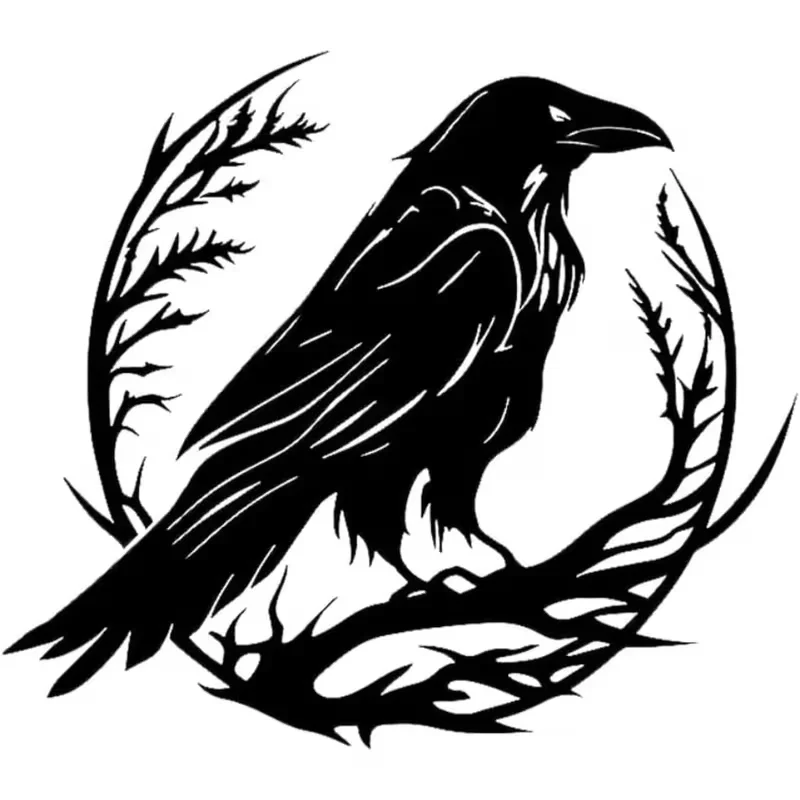 2-Pack 2D Flat Gothic Crow and Raven Vinyl Stickers | Black and White, Semi-Matte, Complex Branch Design, Removable and Residue-