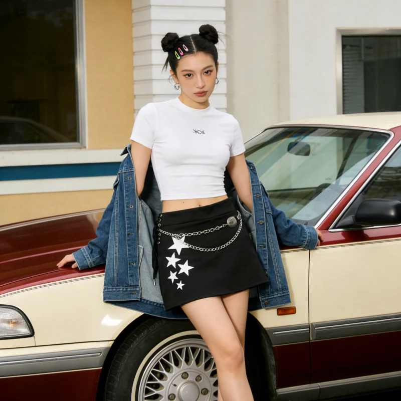 

Street-style star print form-hugging short skirt for women, summer hot girl style, side drawstring high-waisted A-line skirt