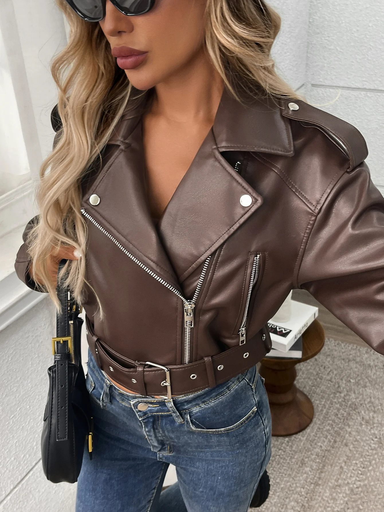 سترة Fitaylor النسائية المصنوعة من الجلد الصناعي مع طية صدر السترة للدراجات النارية من الجلد ملابس خارجية غير رسمية لراكبي الدراجات النارية #4