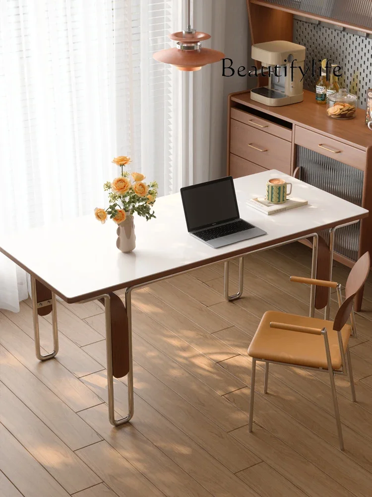 N36 Medieval rock slab solid wood dining table rectangular Nordic stainless steel retro furniture dining table