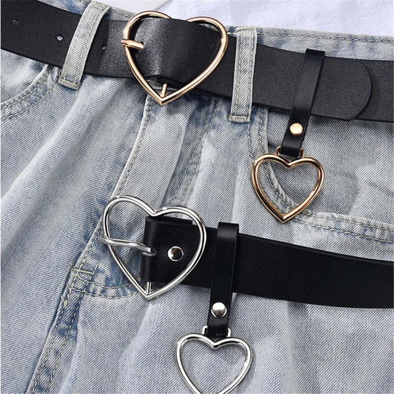 Women's Cute Leather Belt Metal Heart Shape Buckle White Retro PU Waistband Designer Cinto Feminino Pants Strap for Women Girls