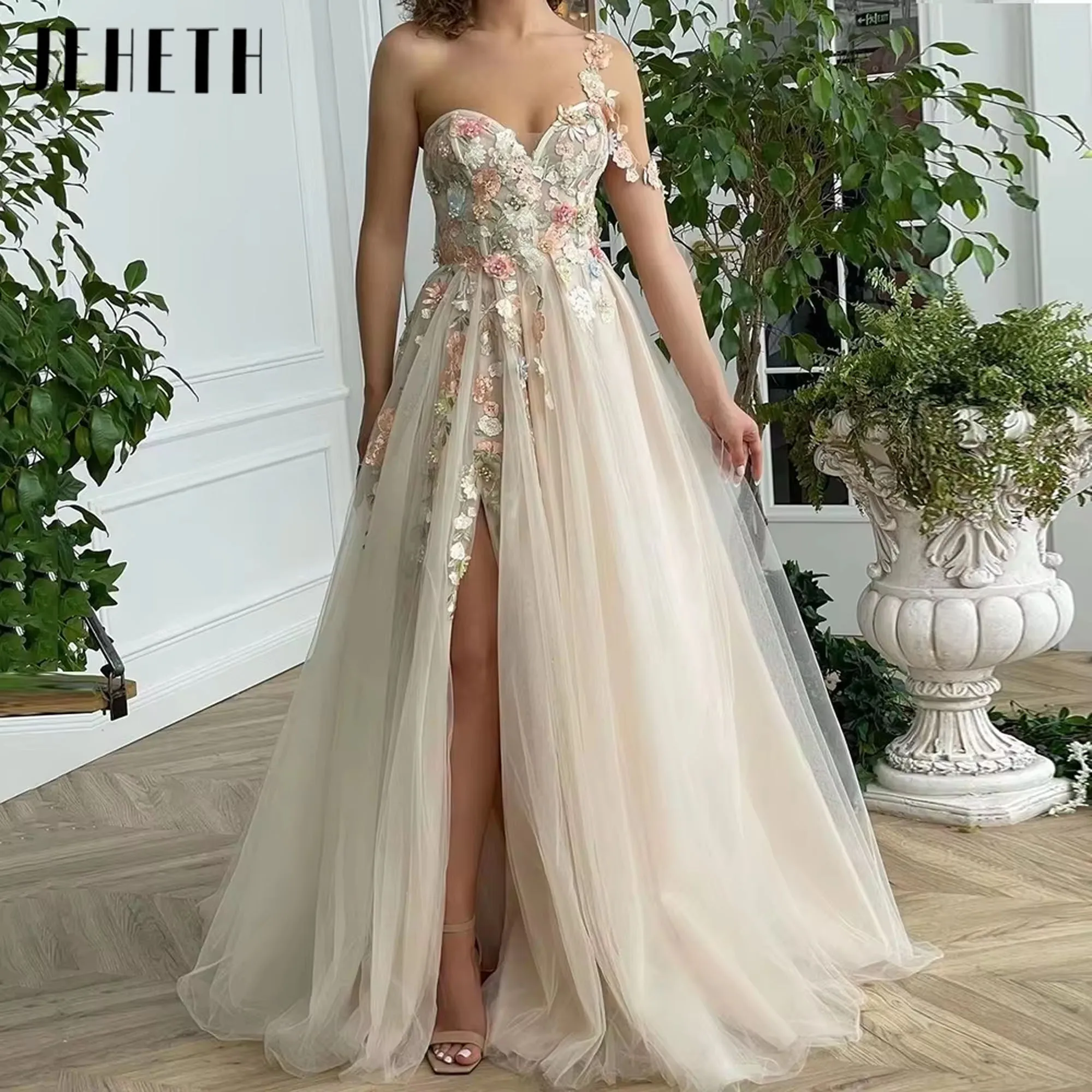 

JEHETH Floral Lace Tulle One-Shoulder Prom Dresses Elegant Sweetheart A-Line Long Skirt Evening Dresses for Women Customized