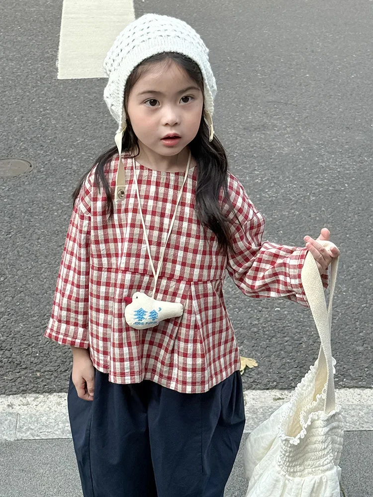 

Новинка осени 2024, детские рубашки с длинными рукавами, хлопковые винтажные клетчатые рубашки для девочек, детская свободная блузка с круглым вырезом, детская одежда