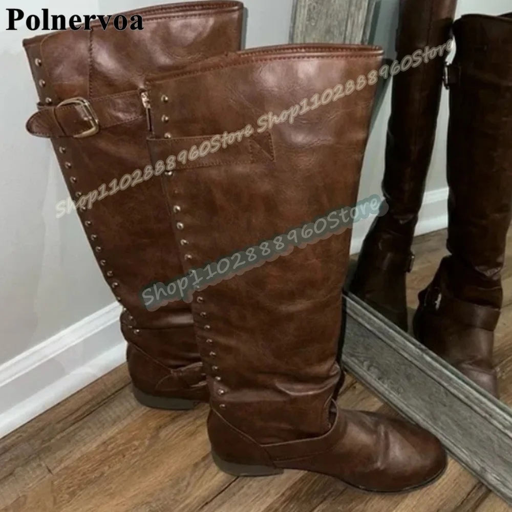 

Knee High Brown Rivets Buckle Strap Knight Boots Flats Shoes For Women Back Zipper Round Toe Fashion Casual Zapatos Para Mujer