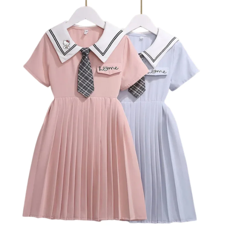 

Kawaii Sanrio Hello Kitty Cinnamoroll Kids Dresses Anime Pochacco Summer College Style Girls Princess Dress Pleated Skirt Gift