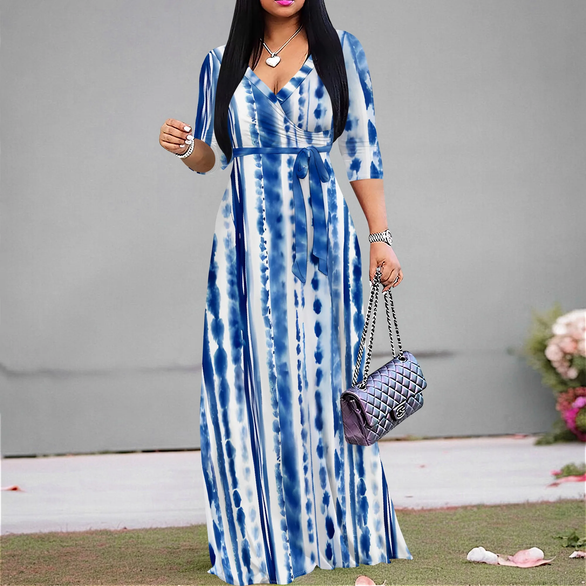 

Nupusa Standard Size Tie - Dye Wrap Dress, V - Neck Half - Sleeve with Belt, Casual & Stylish Maxi Dress