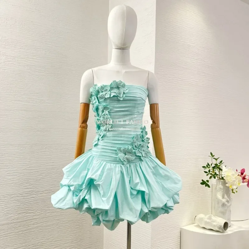 純綿2025新作ブルー袖なし花柄アップリケ女性用ホリデーミニドレス