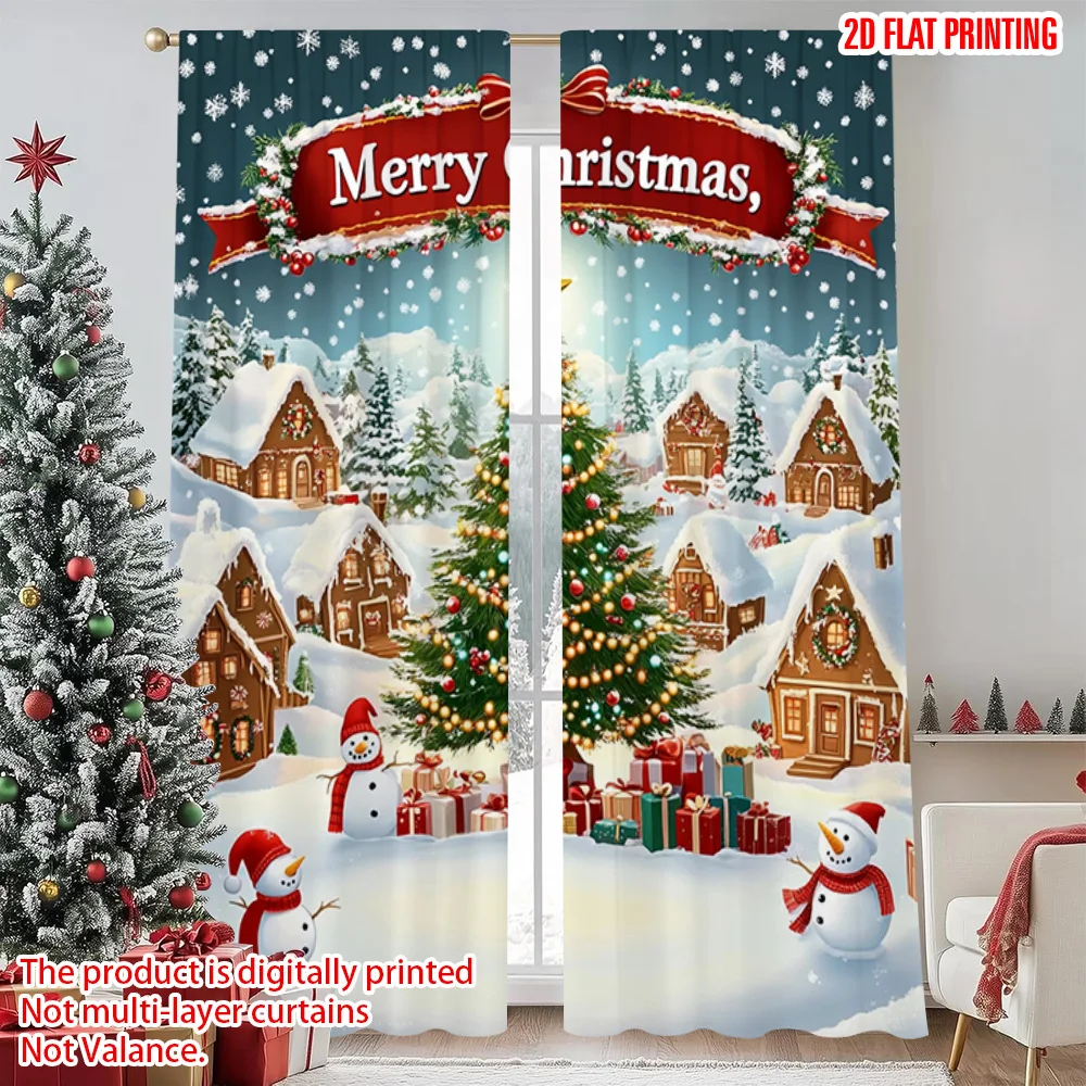 

2pcs 2D flat printing Christmas Scene Curtain Christmas Winter Versatile Polyester Without Electricity Family Party Decoration