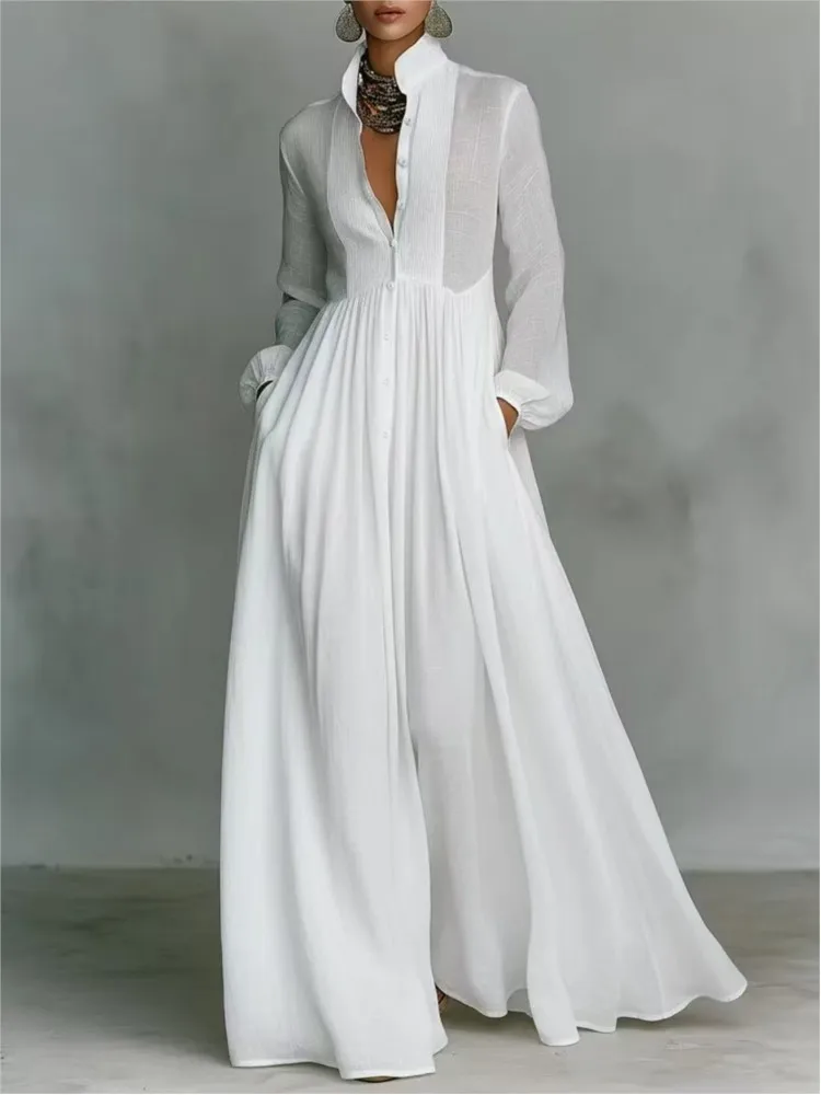 New Elegant High Waist Swing Long Dress Woman Spring Solid Pockets Pleated Maxi Dress Autumn Long Sleeve Button Evening Dress