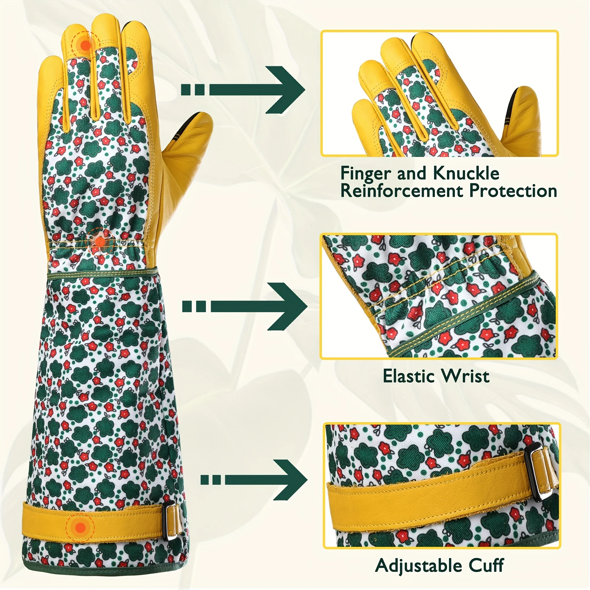 1 pair of durable women\'s long gardening gloves, thorn-proof, with green print and breathable cowhide, suitable for yard work