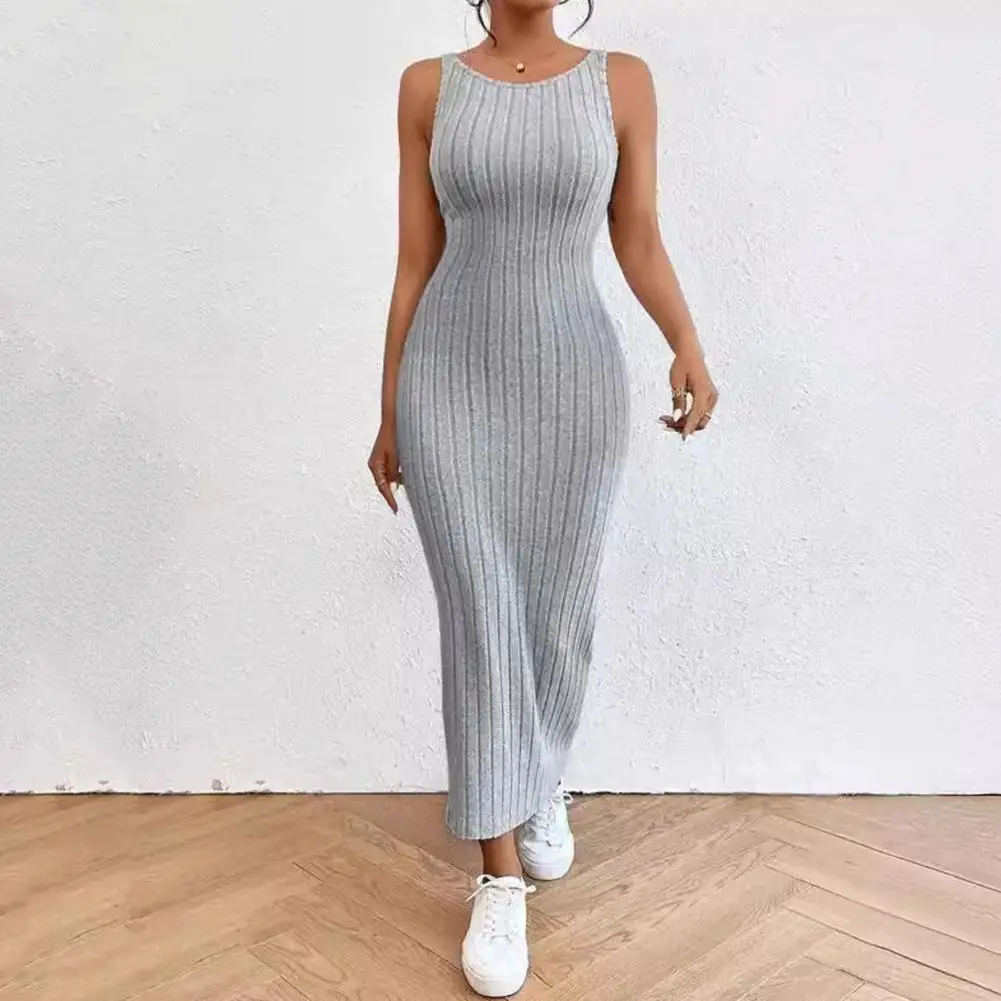 

Summer Women's Vest Backless Sleeveless Solid Color Stretch Striped Tight O-neck Knitted Casual Women's Dress