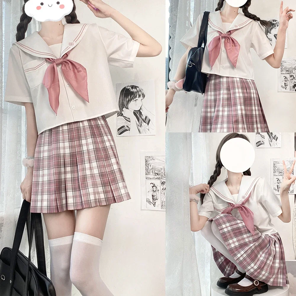 Conjunto de uniforme escolar japonês para meninas, doce flor de cerejeira jk terno sexy xadrez saia plissada fuku anime cos fantasias de formatura femininas