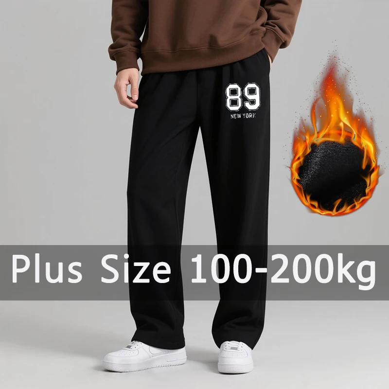 Plus Size Men Fleece Pants Winter Black Warm Plush Lining Cotton Printed Long Trousers 5XL 6XL 7XL 100-200kg Big Size Clothing