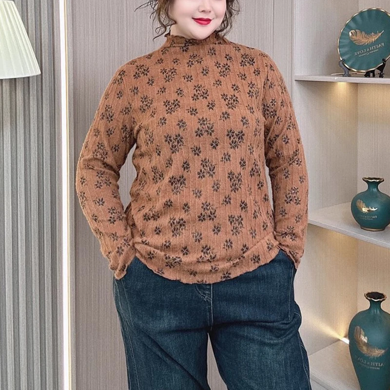Plus size bloco de cores jacquard meia alta pescoço topo feminino casual chique primavera outono nova chegada design exclusivo